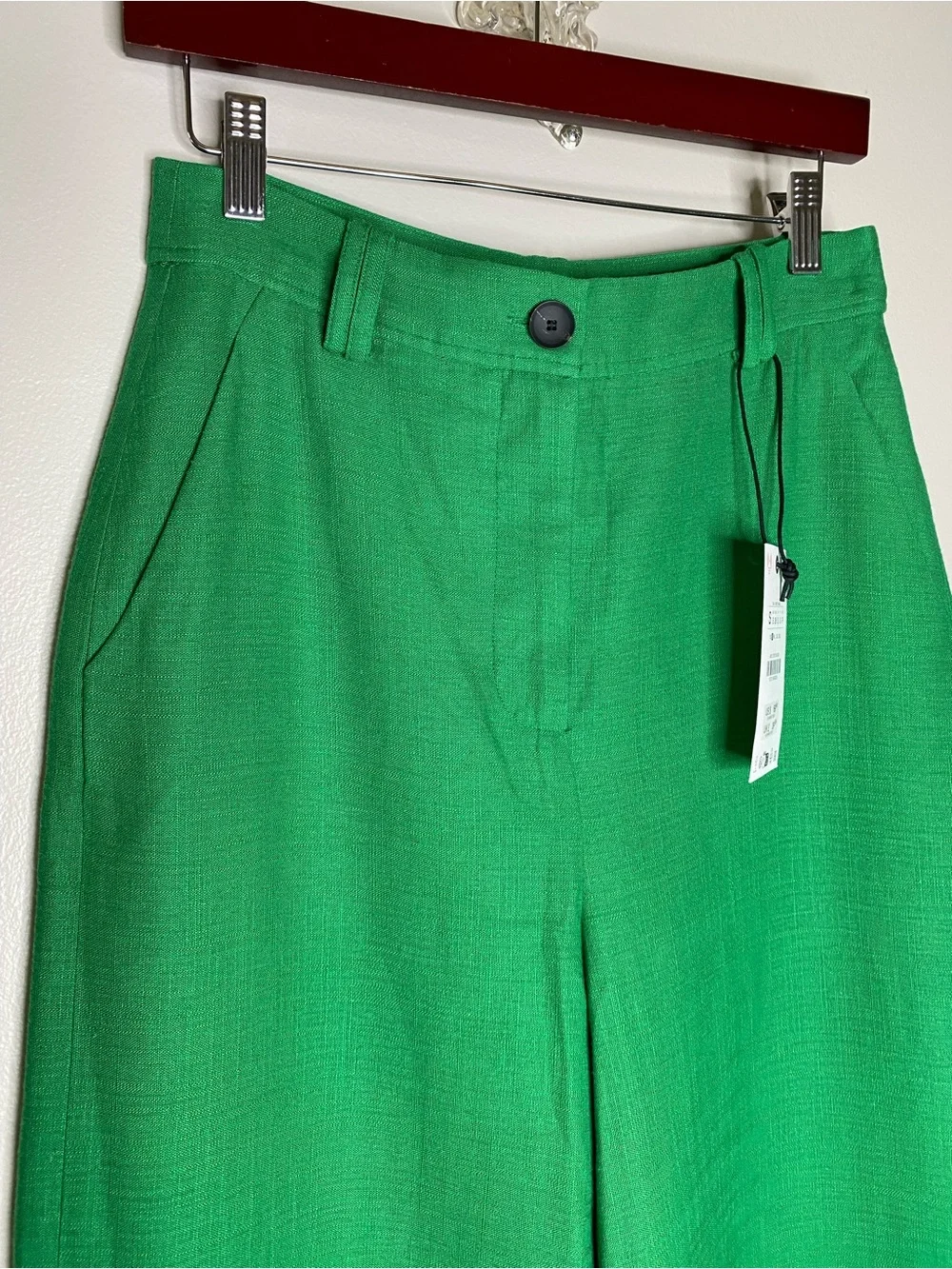 NWT! Zara Emerald Green Embroidered Wide Leg Linen Blend Trousers Pants - Size S